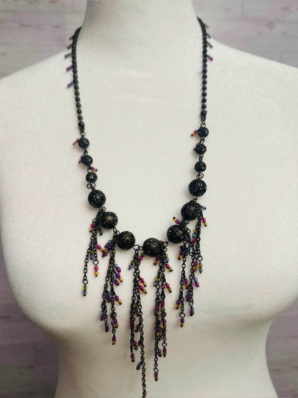 Beaded Fringe Statement Necklace Multicolor Boho Bib Layered Artisan
